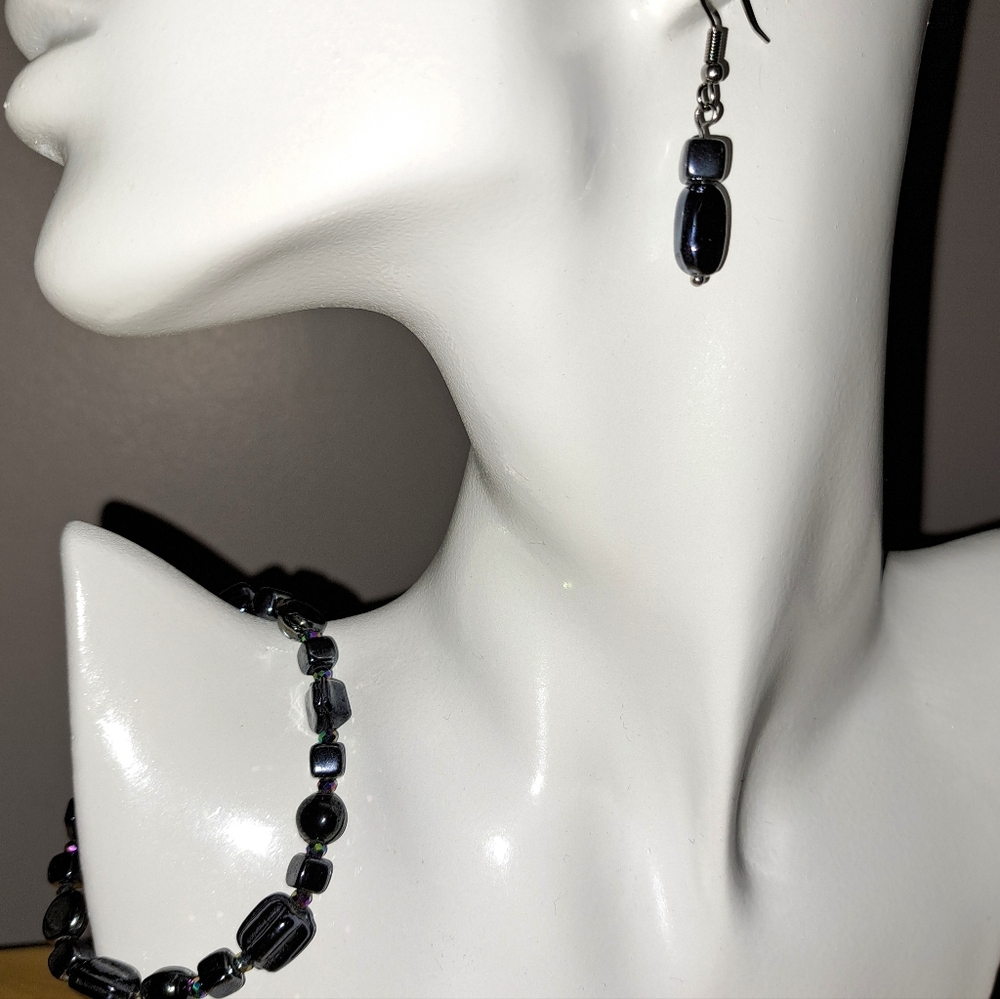 Iridescent Black Glazed Beaded Jewelry Set, Stainless Steel Hooks